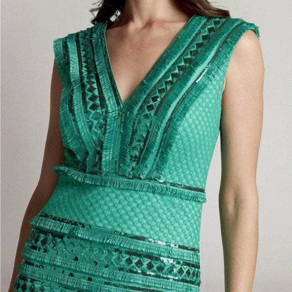 Tadashi Shoji Green Sequin Fringe V-Neck Dress